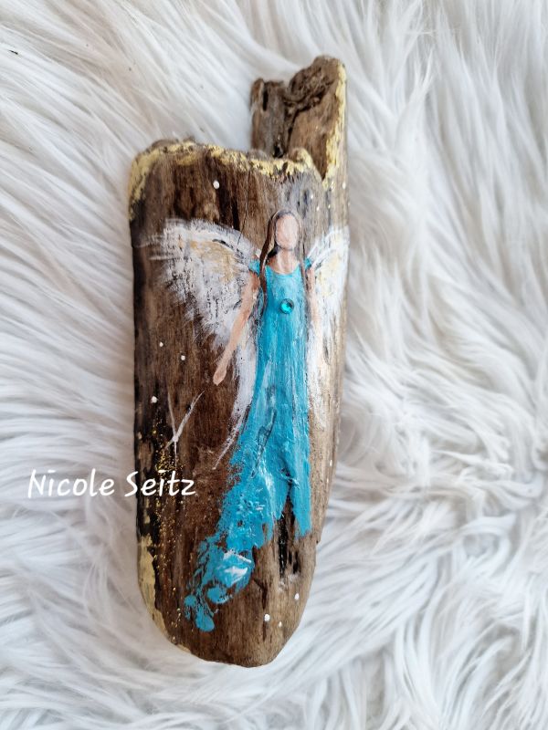 Schutzengel auf Treibholz gemalt * 18 x 6,5 x 3,5 cm * Treibholz Bodensee * Türkis
